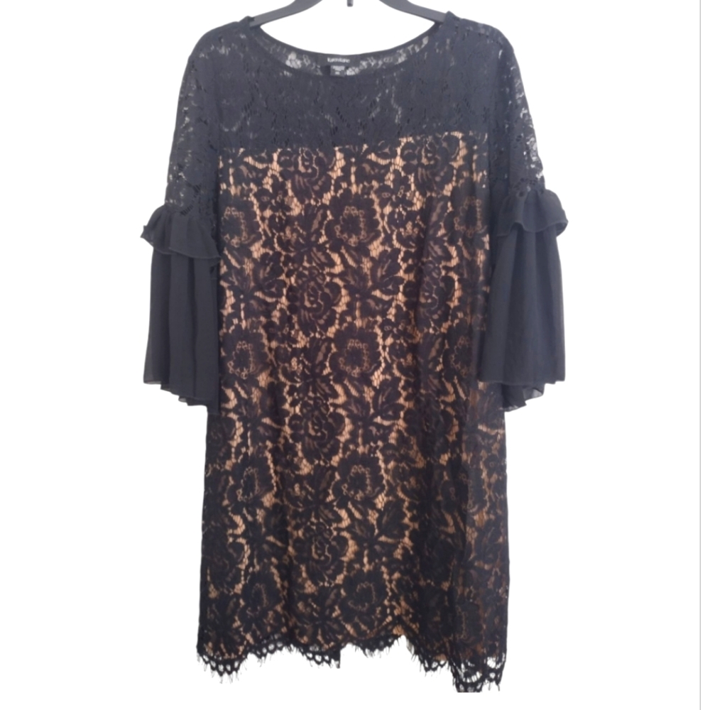 Karen Kane Elegant Black Lace Dress Beige Lining Ruffle Sleeve Size XL